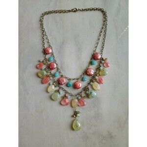 925 Sterling Double Strand Dangling Pearl And Semi Precious Stone Necklace